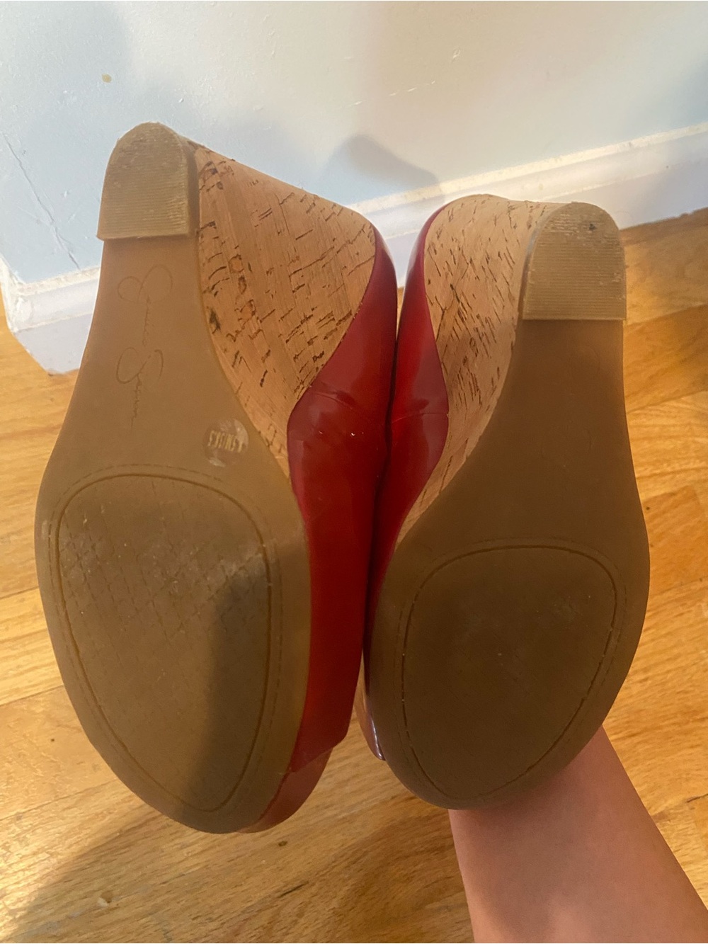 Jessica Simpson Red Patent Peep-Toe Cork Wedges - Picture 5 of 10